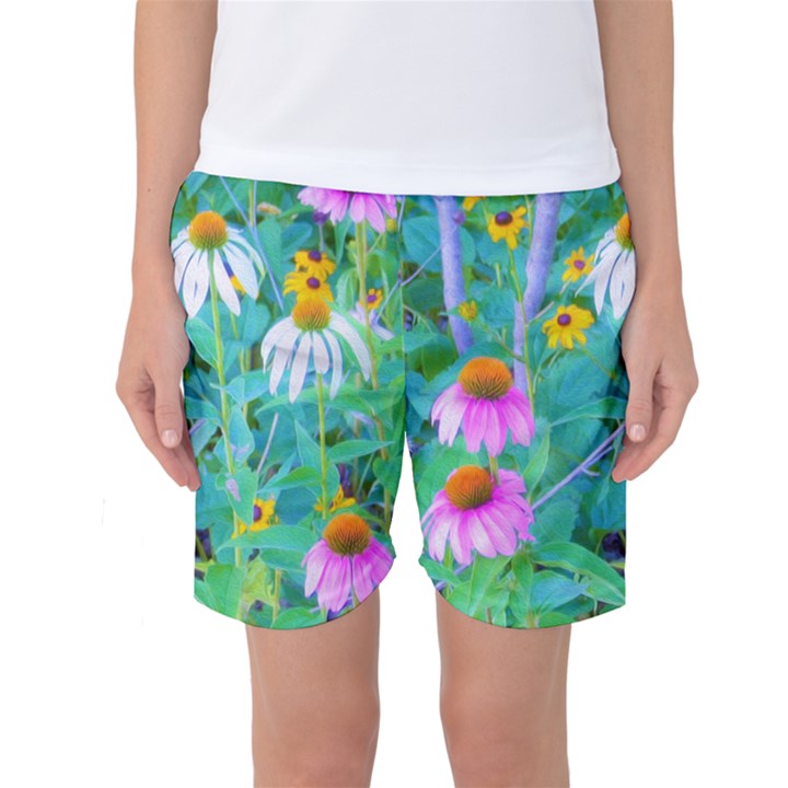 White And Purple Coneflowers And Yellow Rudbeckia Women s Basketball Shorts