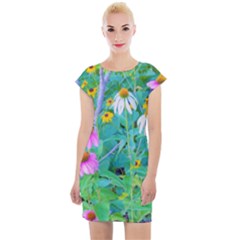 White And Purple Coneflowers And Yellow Rudbeckia Cap Sleeve Bodycon Dress by myrubiogarden