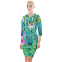 White And Purple Coneflowers And Yellow Rudbeckia Quarter Sleeve Hood Bodycon Dress