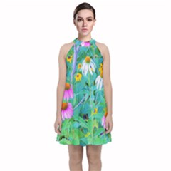 White And Purple Coneflowers And Yellow Rudbeckia Velvet Halter Neckline Dress 