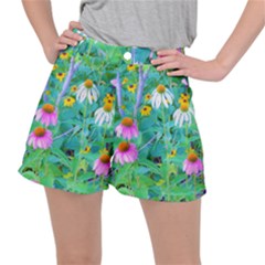 White And Purple Coneflowers And Yellow Rudbeckia Stretch Ripstop Shorts