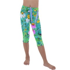 White And Purple Coneflowers And Yellow Rudbeckia Kids  Lightweight Velour Capri Leggings 