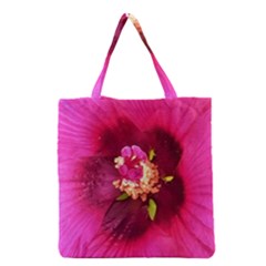 Deep Pink And Crimson Hibiscus Flower Macro Grocery Tote Bag by myrubiogarden