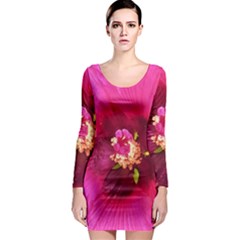 Deep Pink And Crimson Hibiscus Flower Macro Long Sleeve Bodycon Dress by myrubiogarden