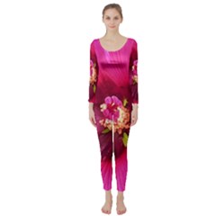 Deep Pink And Crimson Hibiscus Flower Macro Long Sleeve Catsuit by myrubiogarden