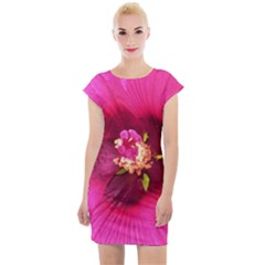 Deep Pink And Crimson Hibiscus Flower Macro Cap Sleeve Bodycon Dress by myrubiogarden