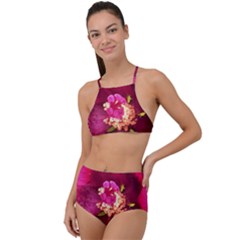 Deep Pink And Crimson Hibiscus Flower Macro High Waist Tankini Set