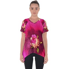 Deep Pink And Crimson Hibiscus Flower Macro Cut Out Side Drop Tee by myrubiogarden