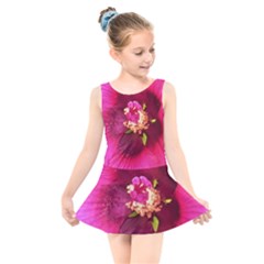 Deep Pink And Crimson Hibiscus Flower Macro Kids  Skater Dress Swimsuit by myrubiogarden