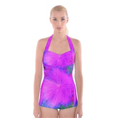 Psychedelic Purple Garden Milkweed Flower Boyleg Halter Swimsuit  by myrubiogarden