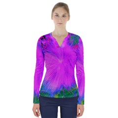 Psychedelic Purple Garden Milkweed Flower V-neck Long Sleeve Top by myrubiogarden