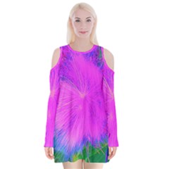 Psychedelic Purple Garden Milkweed Flower Velvet Long Sleeve Shoulder Cutout Dress