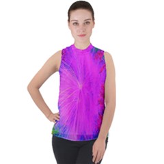 Psychedelic Purple Garden Milkweed Flower Mock Neck Chiffon Sleeveless Top