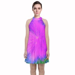 Psychedelic Purple Garden Milkweed Flower Velvet Halter Neckline Dress 