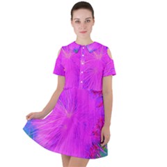 Psychedelic Purple Garden Milkweed Flower Short Sleeve Shoulder Cut Out Dress 