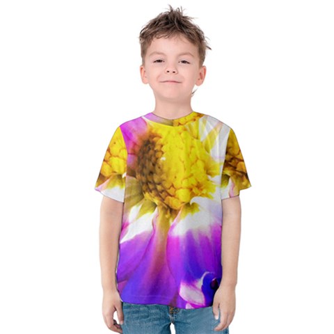 Purple, Pink And White Dahlia With A Bright Yellow Center Kids  Cotton Tee by myrubiogarden