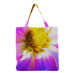 Purple, Pink And White Dahlia With A Bright Yellow Center Grocery Tote Bag by myrubiogarden