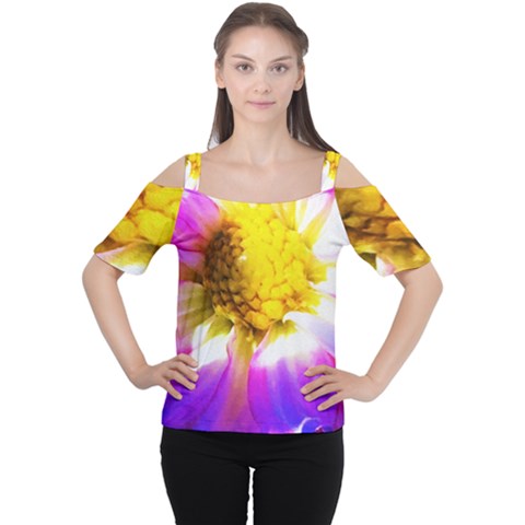 Purple, Pink And White Dahlia With A Bright Yellow Center Cutout Shoulder Tee by myrubiogarden