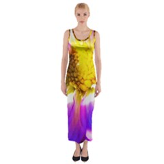 Purple, Pink And White Dahlia With A Bright Yellow Center Fitted Maxi Dress