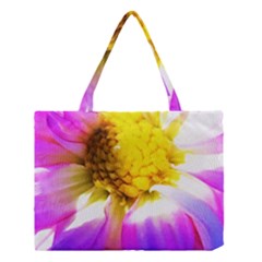 Purple, Pink And White Dahlia With A Bright Yellow Center Medium Tote Bag by myrubiogarden