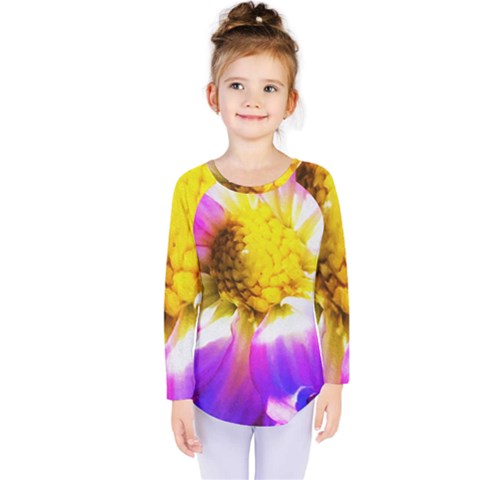 Purple, Pink And White Dahlia With A Bright Yellow Center Kids  Long Sleeve Tee by myrubiogarden