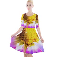 Purple, Pink And White Dahlia With A Bright Yellow Center Quarter Sleeve A-Line Dress