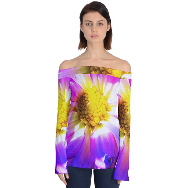 Purple, Pink And White Dahlia With A Bright Yellow Center Off Shoulder Long Sleeve Top