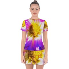 Purple, Pink And White Dahlia With A Bright Yellow Center Drop Hem Mini Chiffon Dress