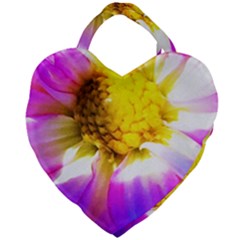 Purple, Pink And White Dahlia With A Bright Yellow Center Giant Heart Shaped Tote