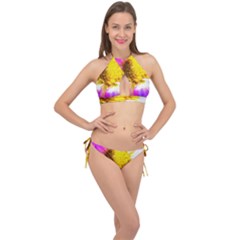 Purple, Pink And White Dahlia With A Bright Yellow Center Cross Front Halter Bikini Set