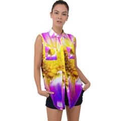 Purple, Pink And White Dahlia With A Bright Yellow Center Sleeveless Chiffon Button Shirt