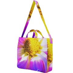 Purple, Pink And White Dahlia With A Bright Yellow Center Square Shoulder Tote Bag by myrubiogarden