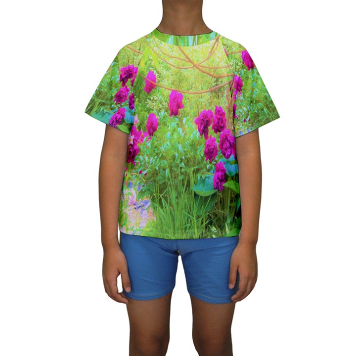 Impressionistic Purple Peonies With Green Hostas Kids  Short Sleeve Swimwear