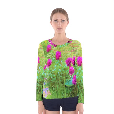 Impressionistic Purple Peonies With Green Hostas Women s Long Sleeve Tee by myrubiogarden