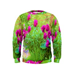 Impressionistic Purple Peonies With Green Hostas Kids  Sweatshirt