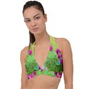 Impressionistic Purple Peonies With Green Hostas Halter Plunge Bikini Top View1