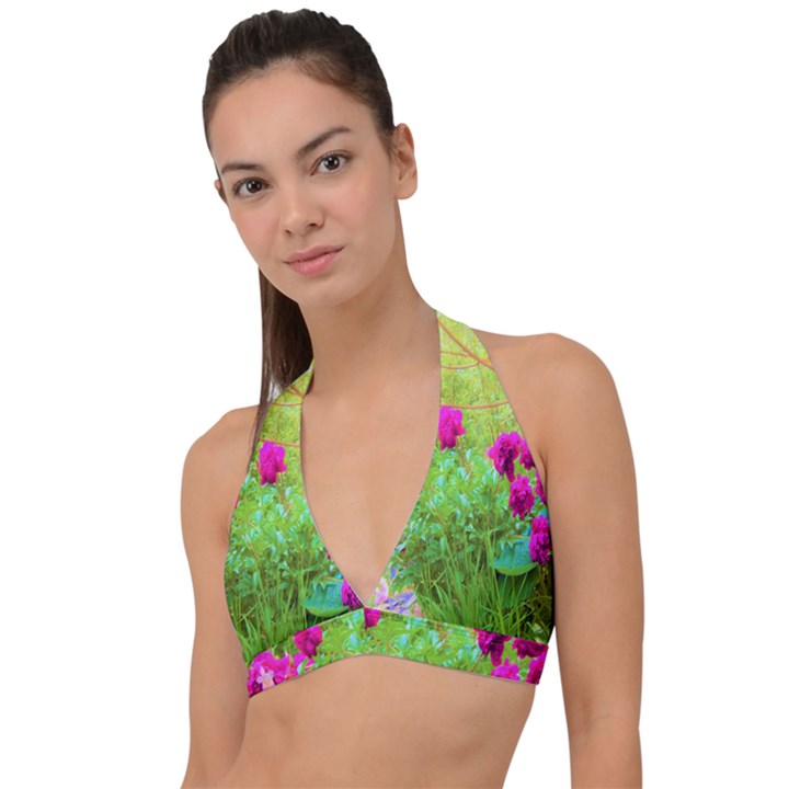 Impressionistic Purple Peonies With Green Hostas Halter Plunge Bikini Top