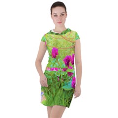 Impressionistic Purple Peonies With Green Hostas Drawstring Hooded Dress