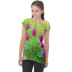 Impressionistic Purple Peonies With Green Hostas Cap Sleeve High Low Top by myrubiogarden