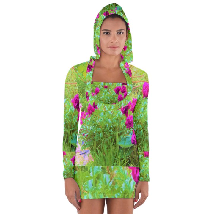 Impressionistic Purple Peonies With Green Hostas Long Sleeve Hooded T-shirt