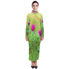 Impressionistic Purple Peonies With Green Hostas Turtleneck Maxi Dress by myrubiogarden