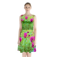 Impressionistic Purple Peonies With Green Hostas Sleeveless Waist Tie Chiffon Dress by myrubiogarden