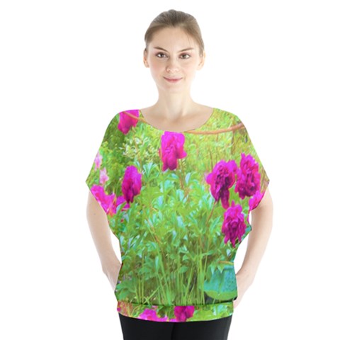 Impressionistic Purple Peonies With Green Hostas Batwing Chiffon Blouse by myrubiogarden