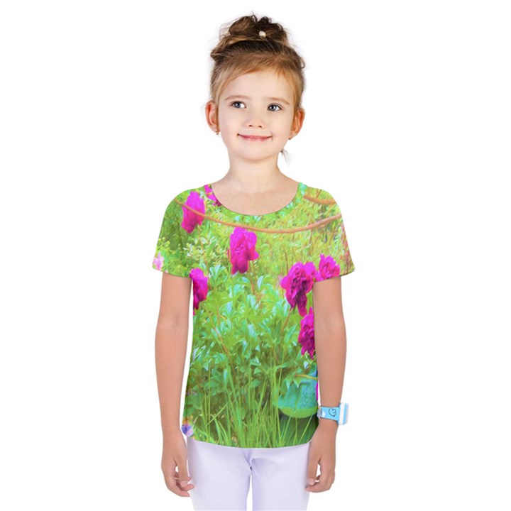 Impressionistic Purple Peonies With Green Hostas Kids  One Piece Tee