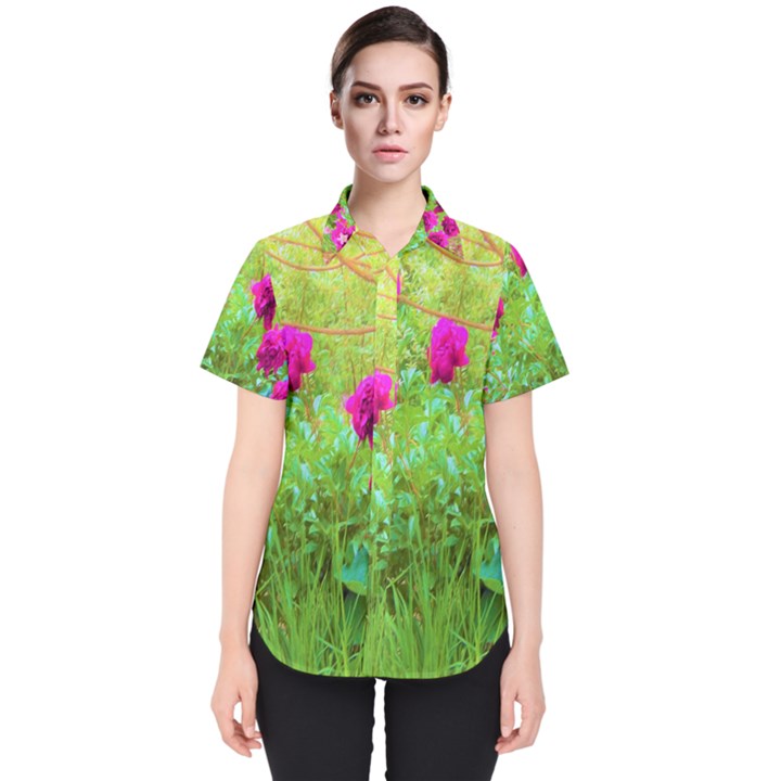 Impressionistic Purple Peonies With Green Hostas Women s Short Sleeve Shirt