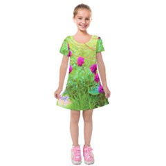 Impressionistic Purple Peonies With Green Hostas Kids  Short Sleeve Velvet Dress