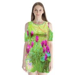 Impressionistic Purple Peonies With Green Hostas Shoulder Cutout Velvet One Piece