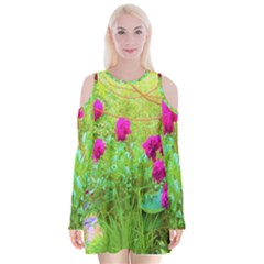 Impressionistic Purple Peonies With Green Hostas Velvet Long Sleeve Shoulder Cutout Dress