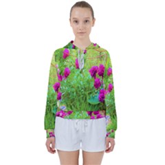 Impressionistic Purple Peonies With Green Hostas Women s Tie Up Sweat