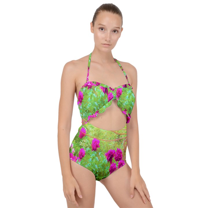 Impressionistic Purple Peonies With Green Hostas Scallop Top Cut Out Swimsuit